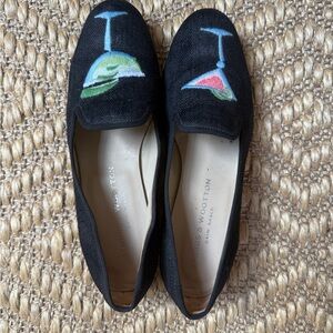 Stubbs & Wootton Navy Linen Slippers with Embroidered Martini Glass Design
